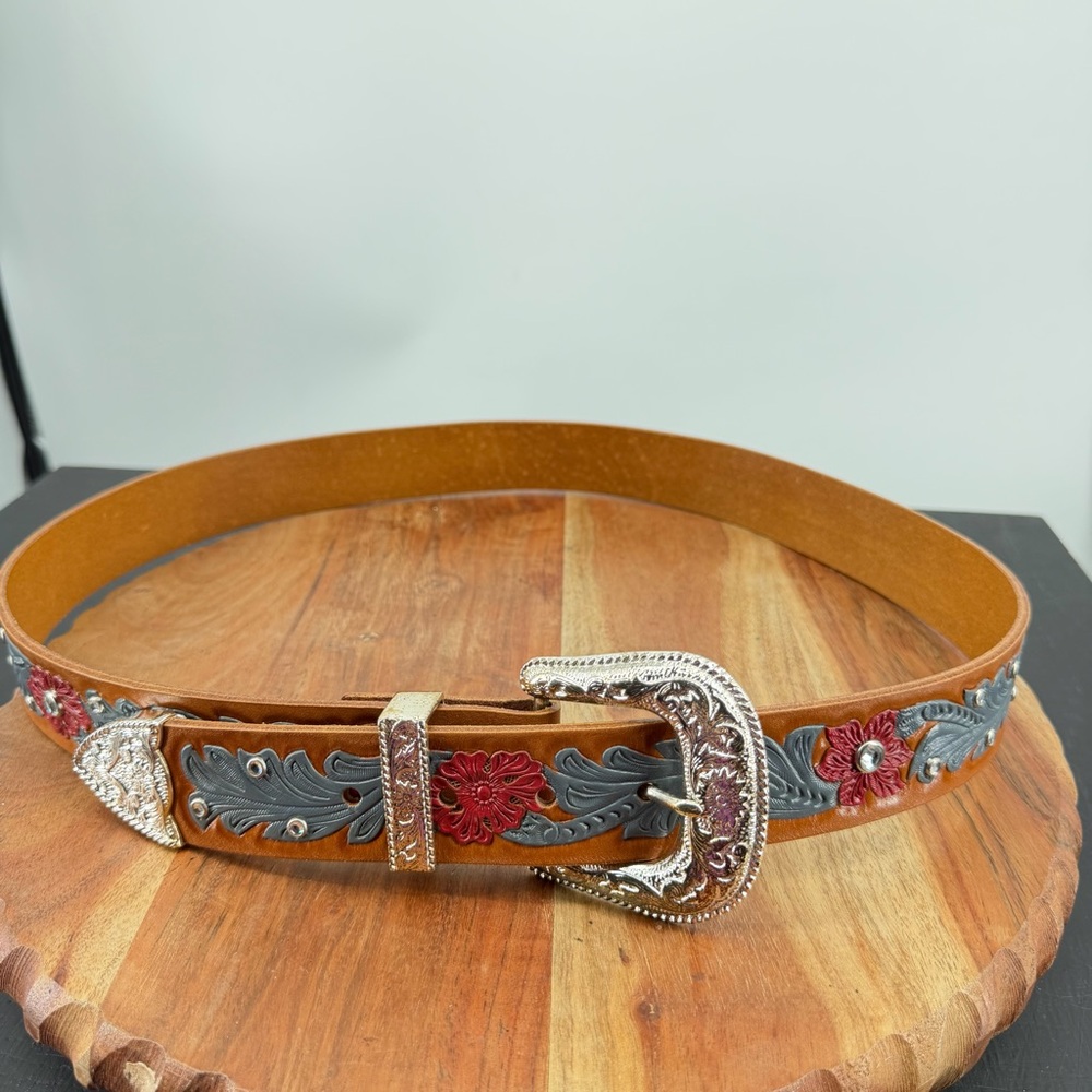 Ranger Company leather western belt floral embossed red blue rhinestone sz 38